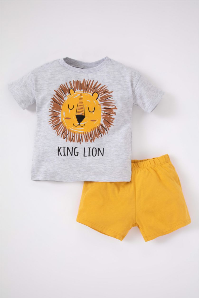 BABY BOY Light Grey Melange Baby Boy Lion Printed Short Sleeve T-Shirt Shorts 2-Pack Set