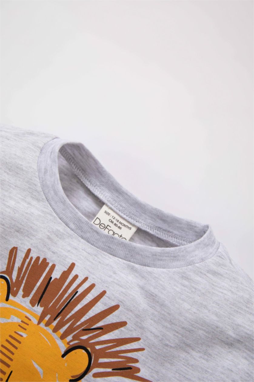 BABY BOY Light Grey Melange Baby Boy Lion Printed Short Sleeve T-Shirt Shorts 2-Pack Set