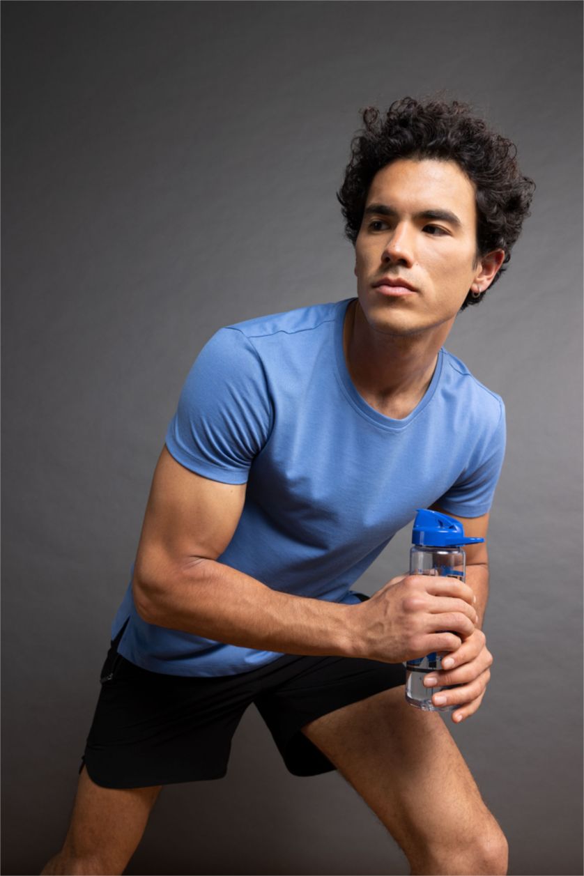 Erkek Koyu Mavi Slım Fıt Kısa Kollu Tişört