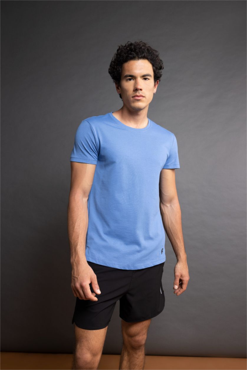 Erkek Koyu Mavi Slım Fıt Kısa Kollu Tişört