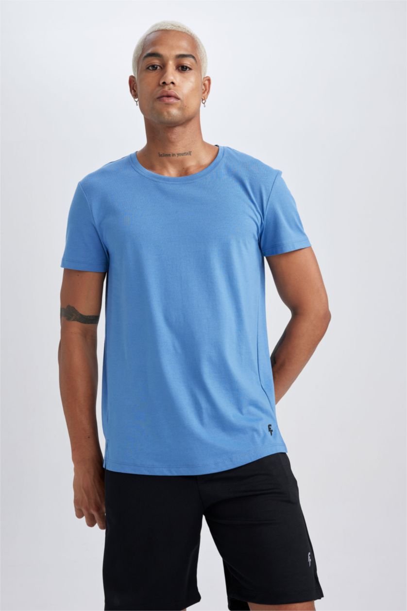 Erkek Koyu Mavi Slım Fıt Kısa Kollu Tişört