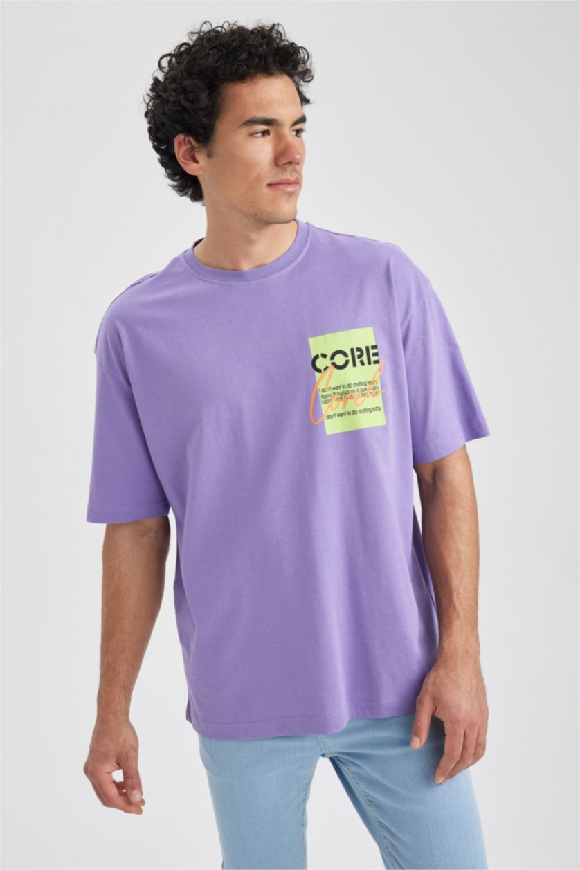 Мужчины Сиреневый Футболка оверсайз c принтом из 100% хлопка