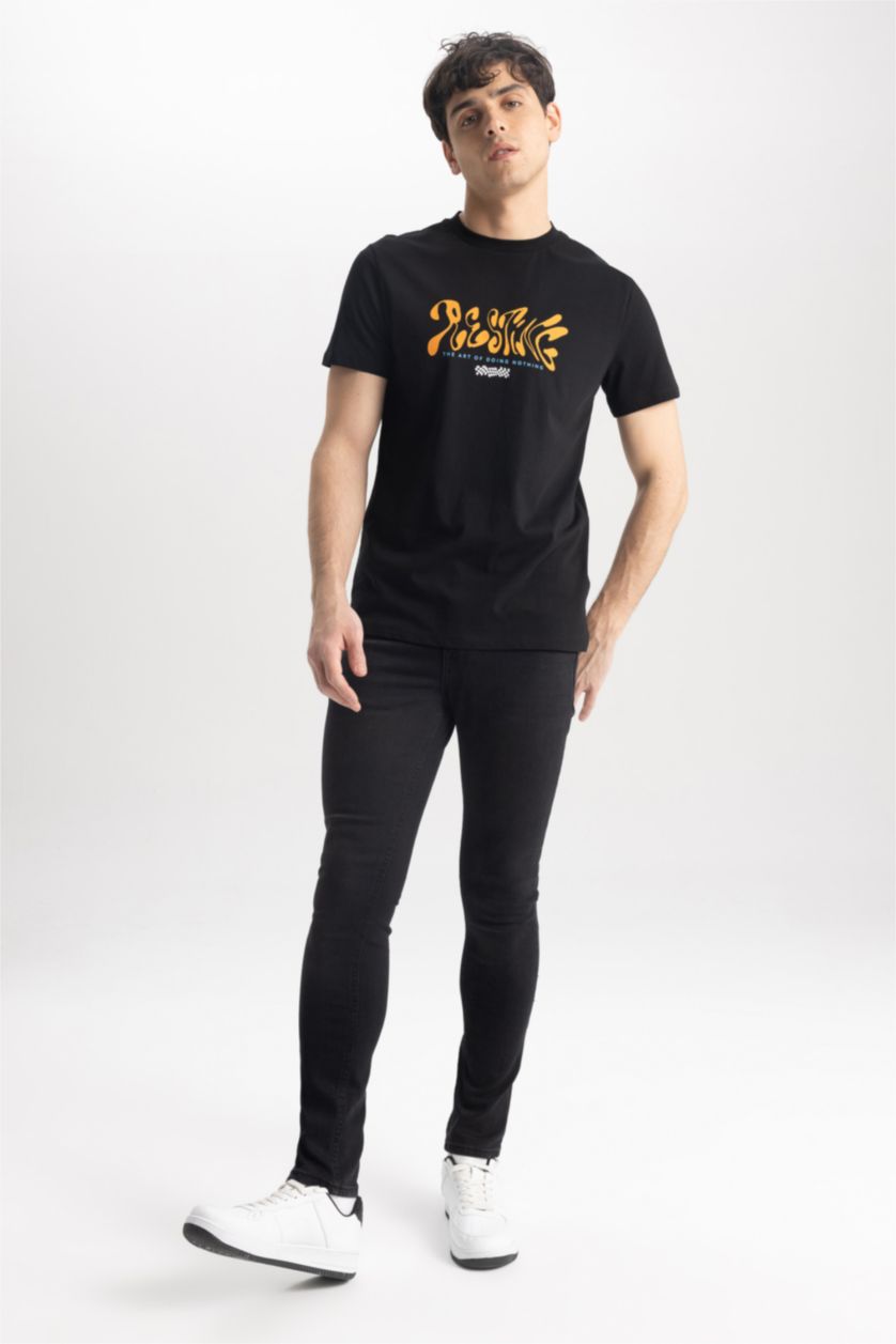 Мужчины Черный Футболка приталенного кроя с принтом из 100% хлопка