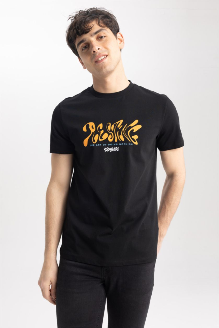 Мужчины Черный Футболка приталенного кроя с принтом из 100% хлопка