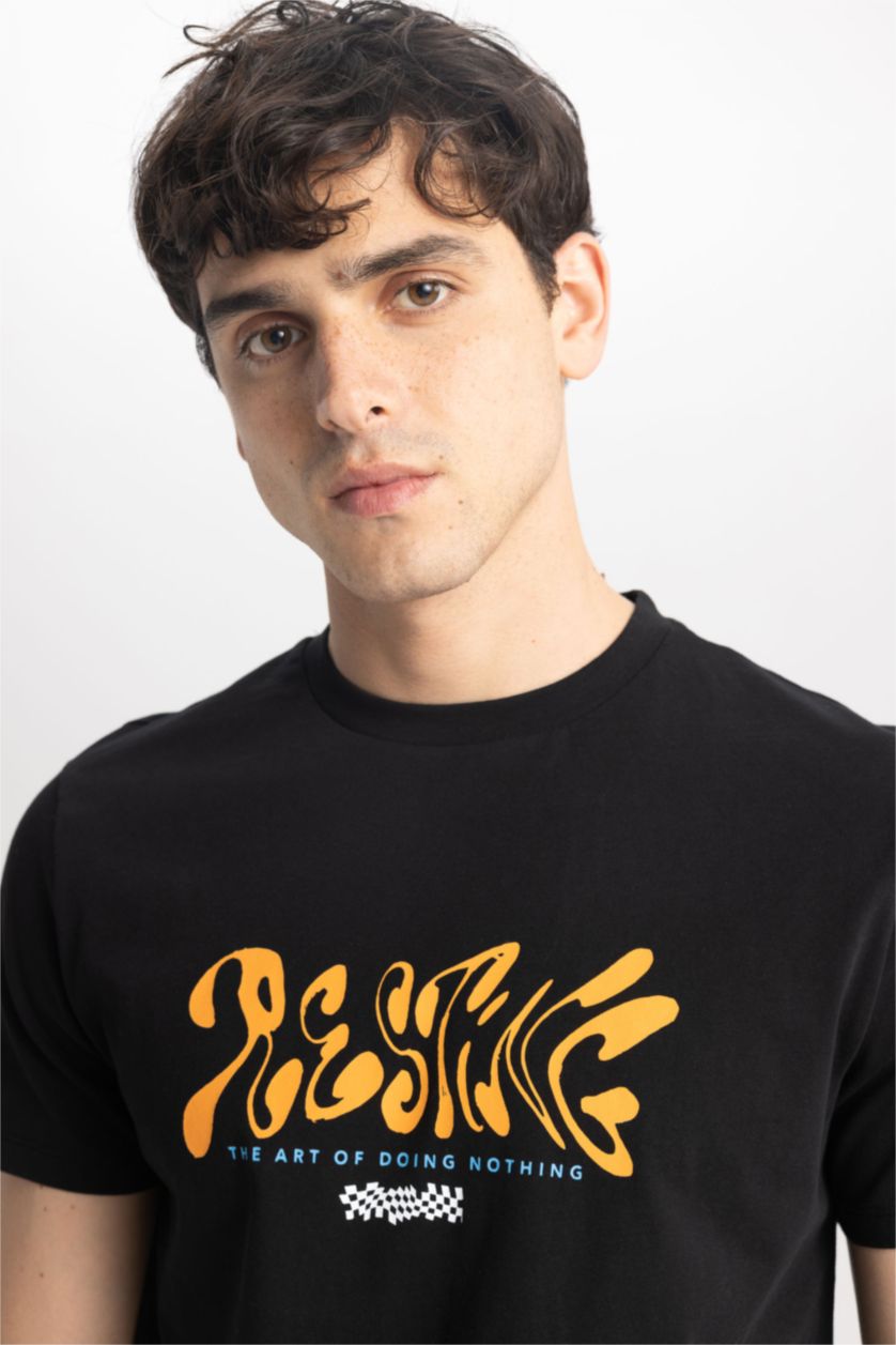 Мужчины Черный Футболка приталенного кроя с принтом из 100% хлопка