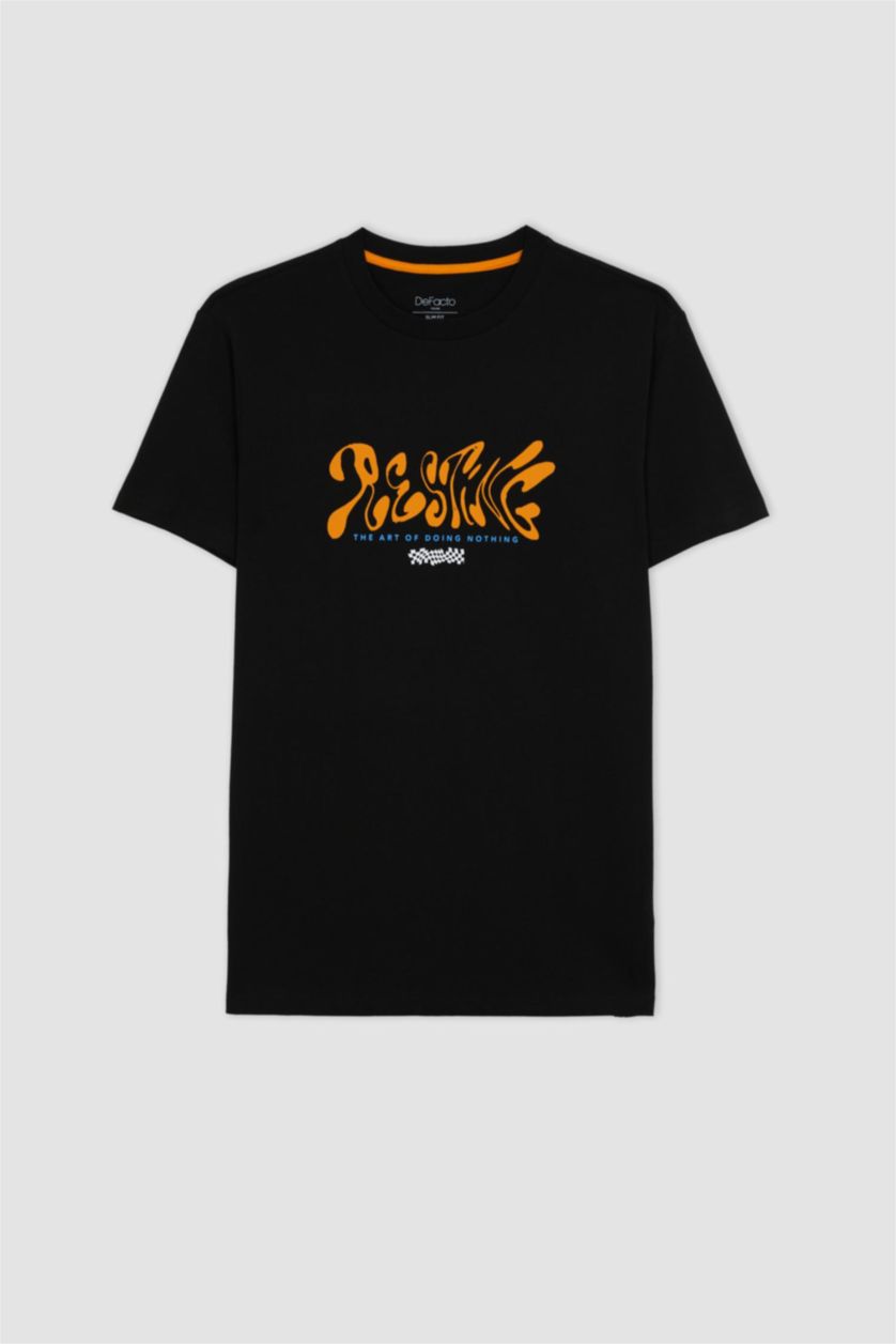 Мужчины Черный Футболка приталенного кроя с принтом из 100% хлопка