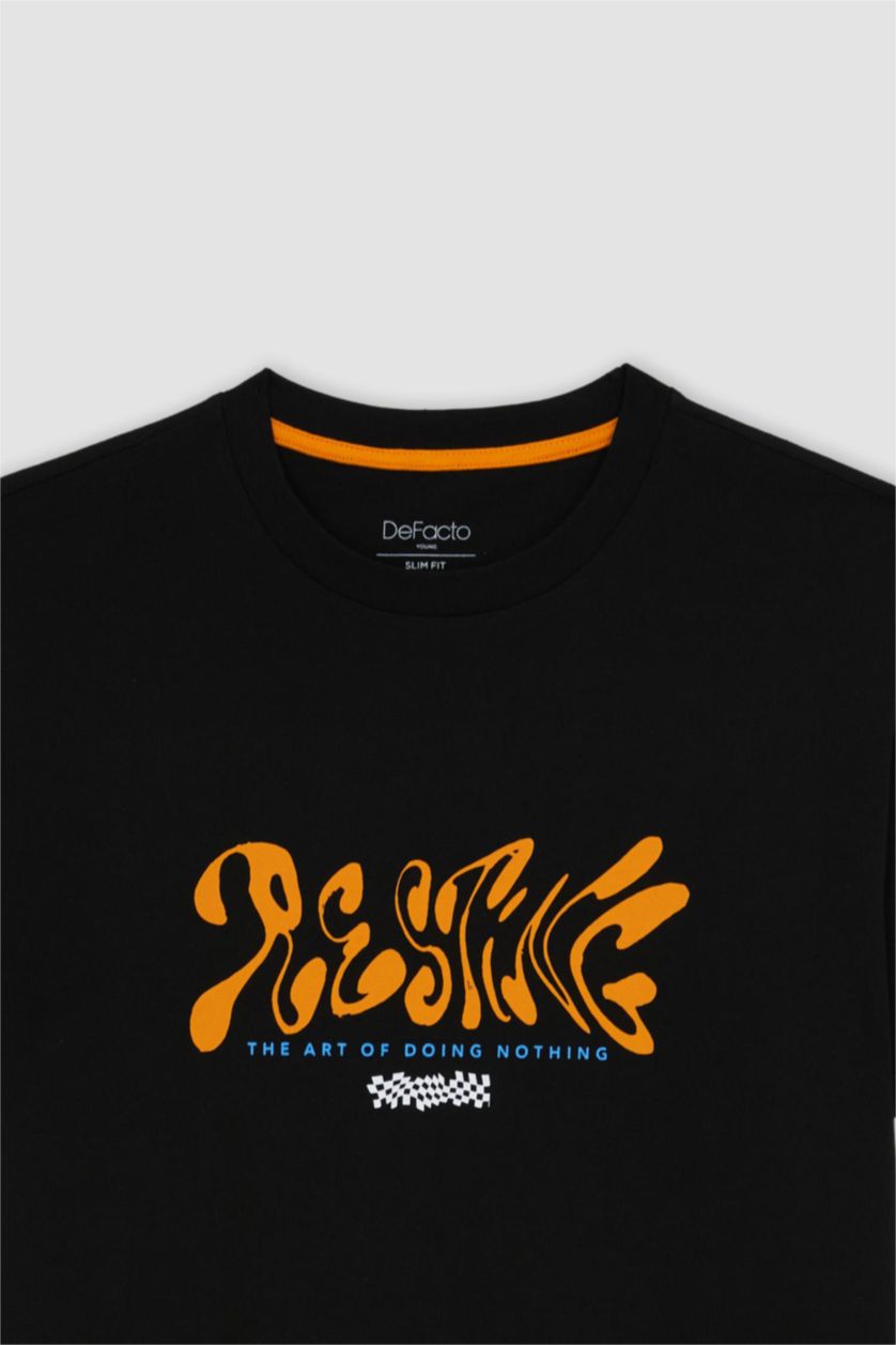 Мужчины Черный Футболка приталенного кроя с принтом из 100% хлопка