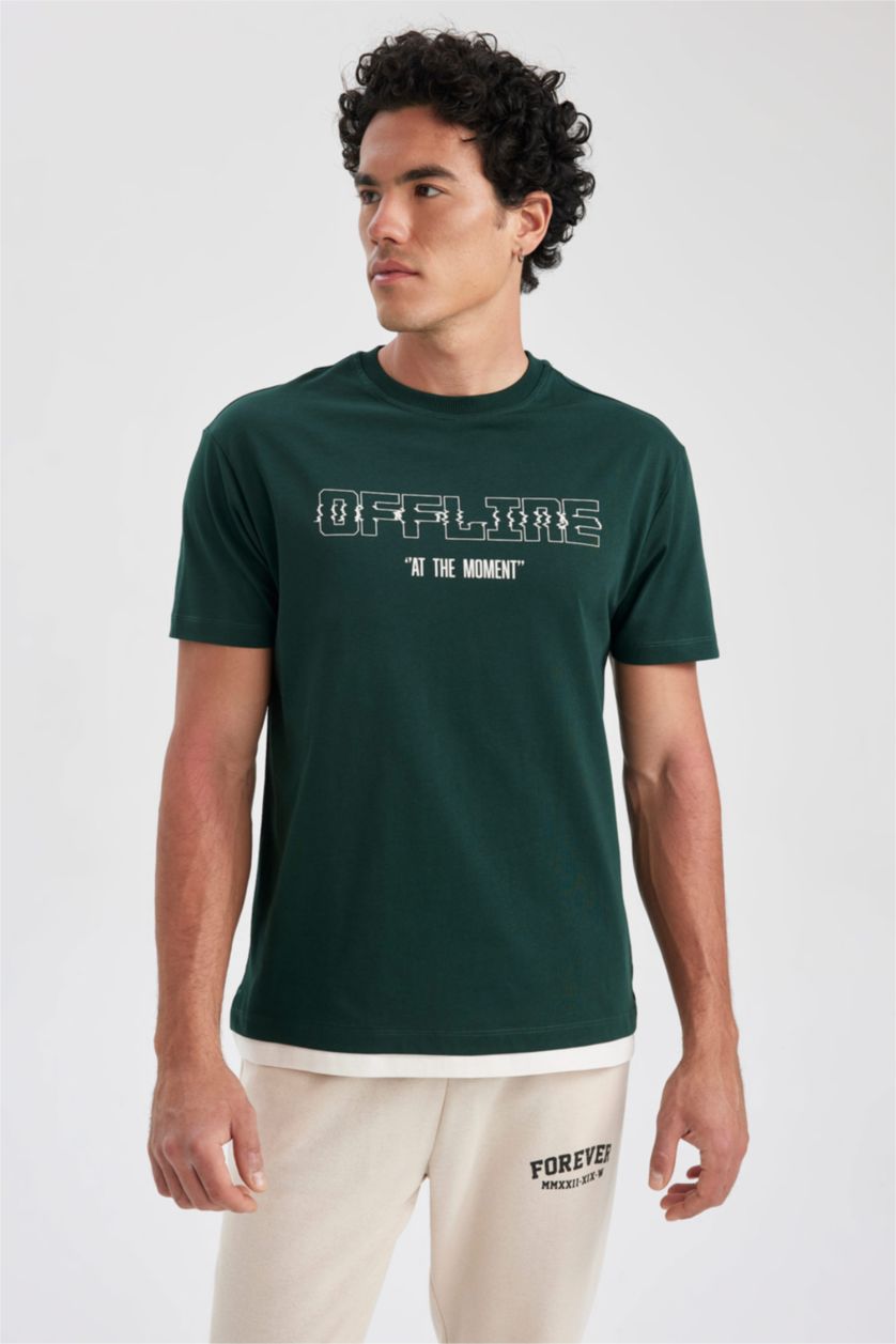 HOMME Vert Foncé T-Shirt Coton Coupe Régulière Imprimé à Col rond