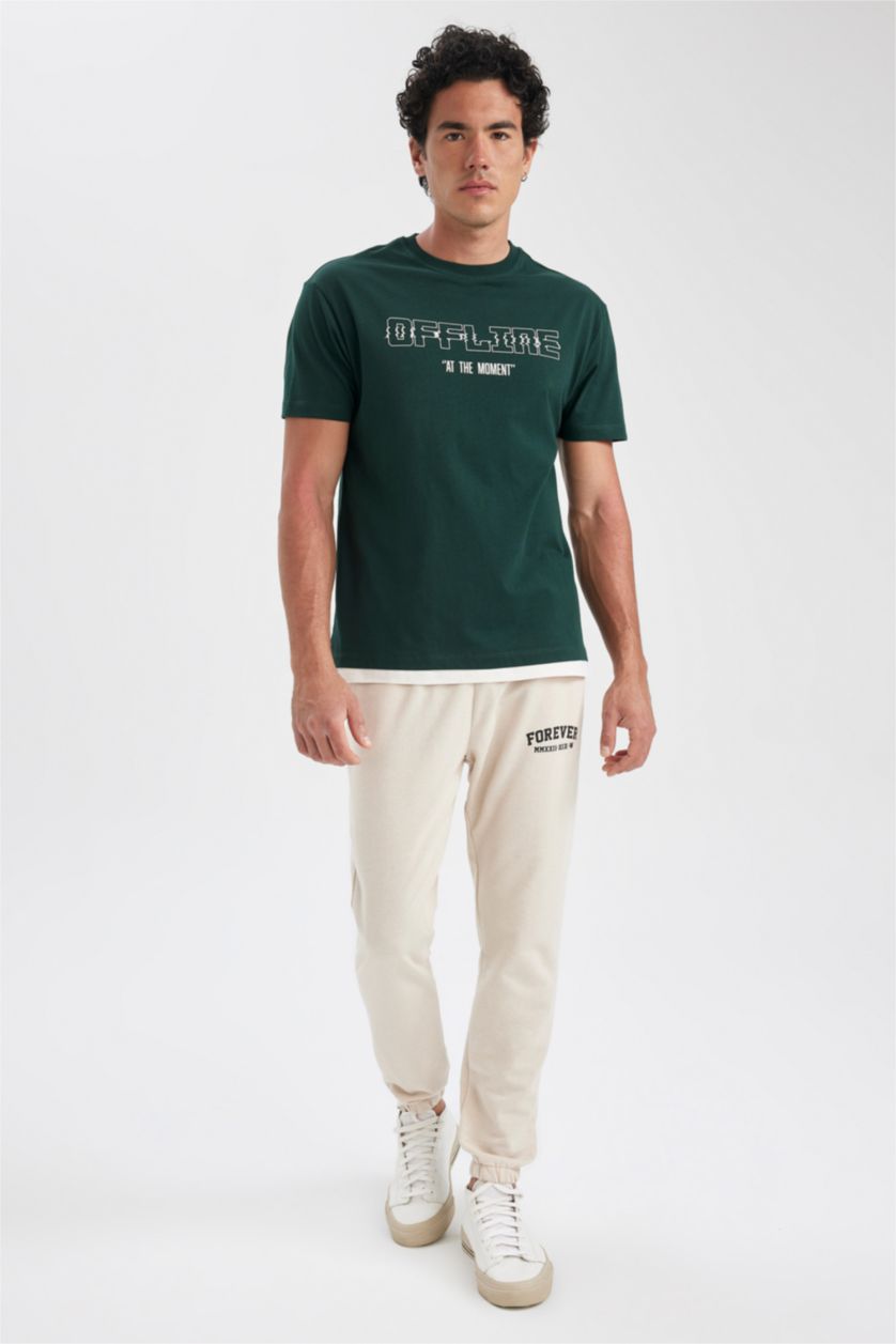 HOMME Vert Foncé T-Shirt Coton Coupe Régulière Imprimé à Col rond