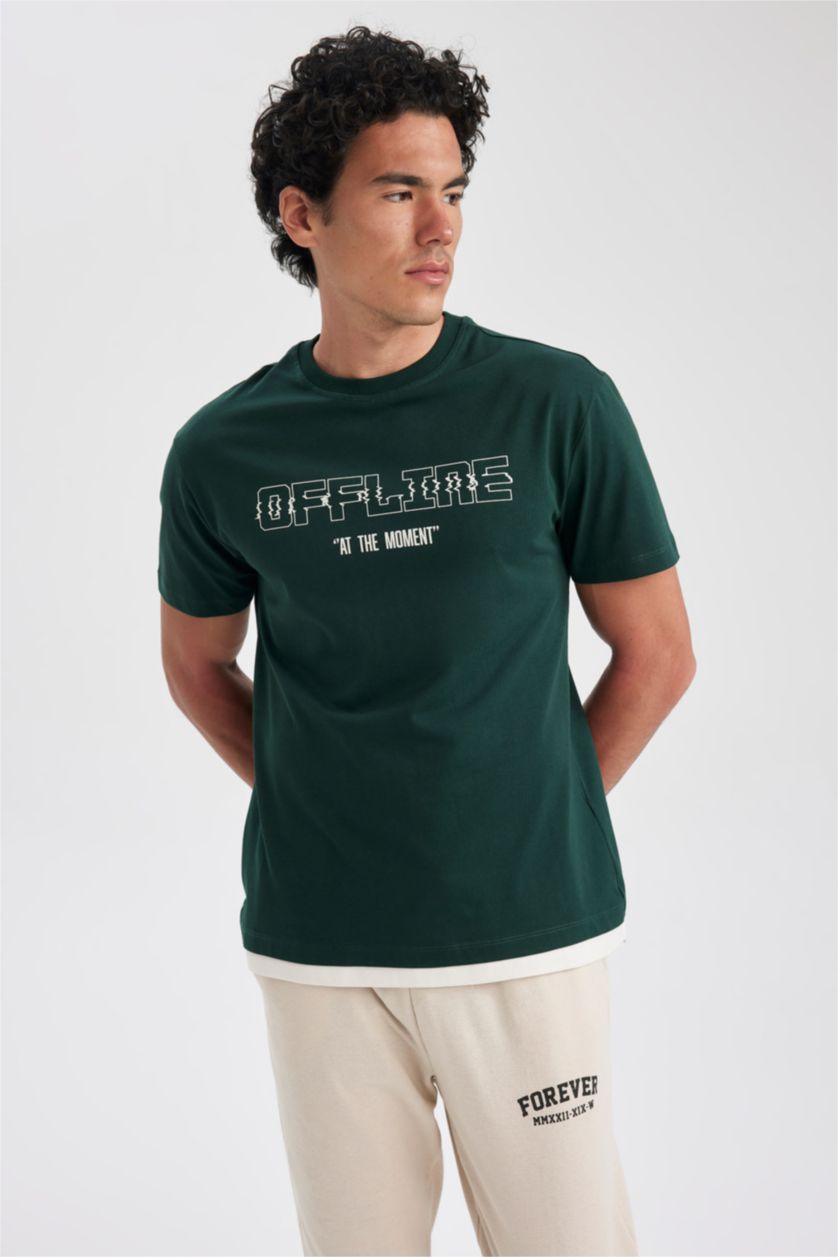 HOMME Vert Foncé T-Shirt Coton Coupe Régulière Imprimé à Col rond