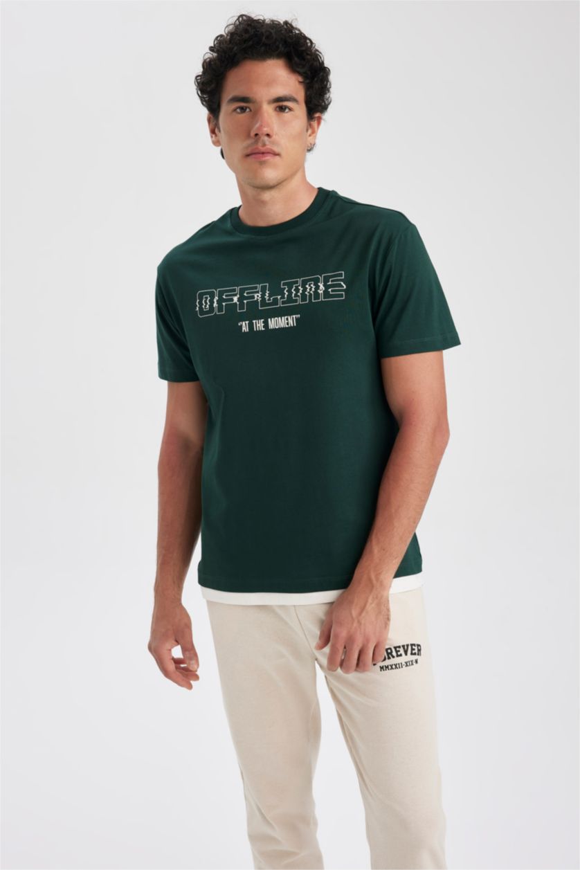 HOMME Vert Foncé T-Shirt Coton Coupe Régulière Imprimé à Col rond