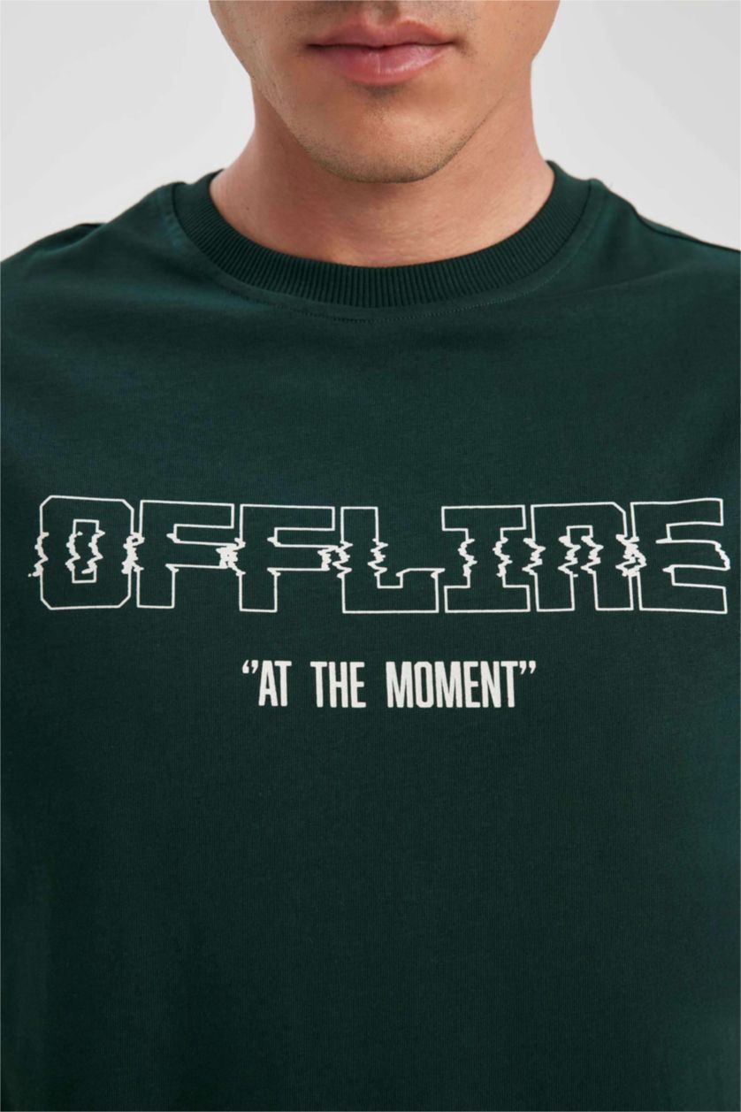 HOMME Vert Foncé T-Shirt Coton Coupe Régulière Imprimé à Col rond