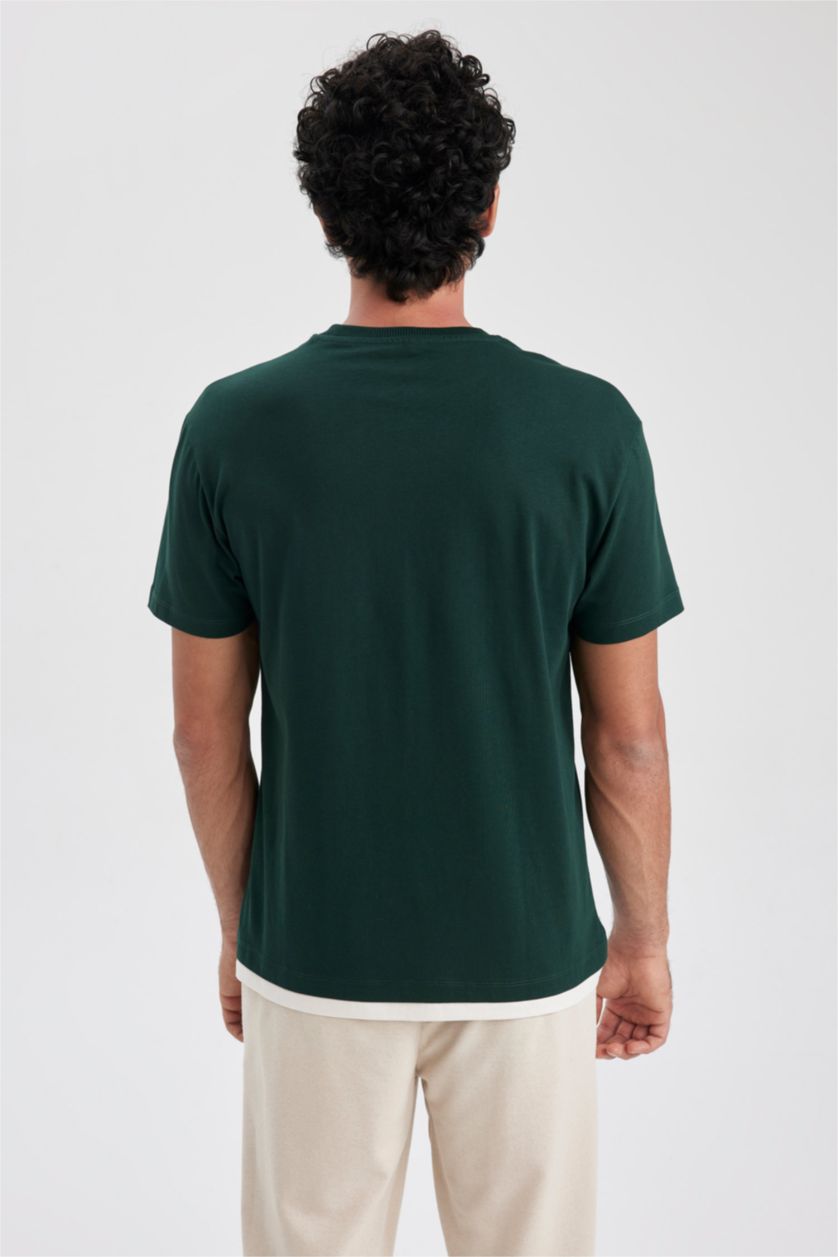 HOMME Vert Foncé T-Shirt Coton Coupe Régulière Imprimé à Col rond