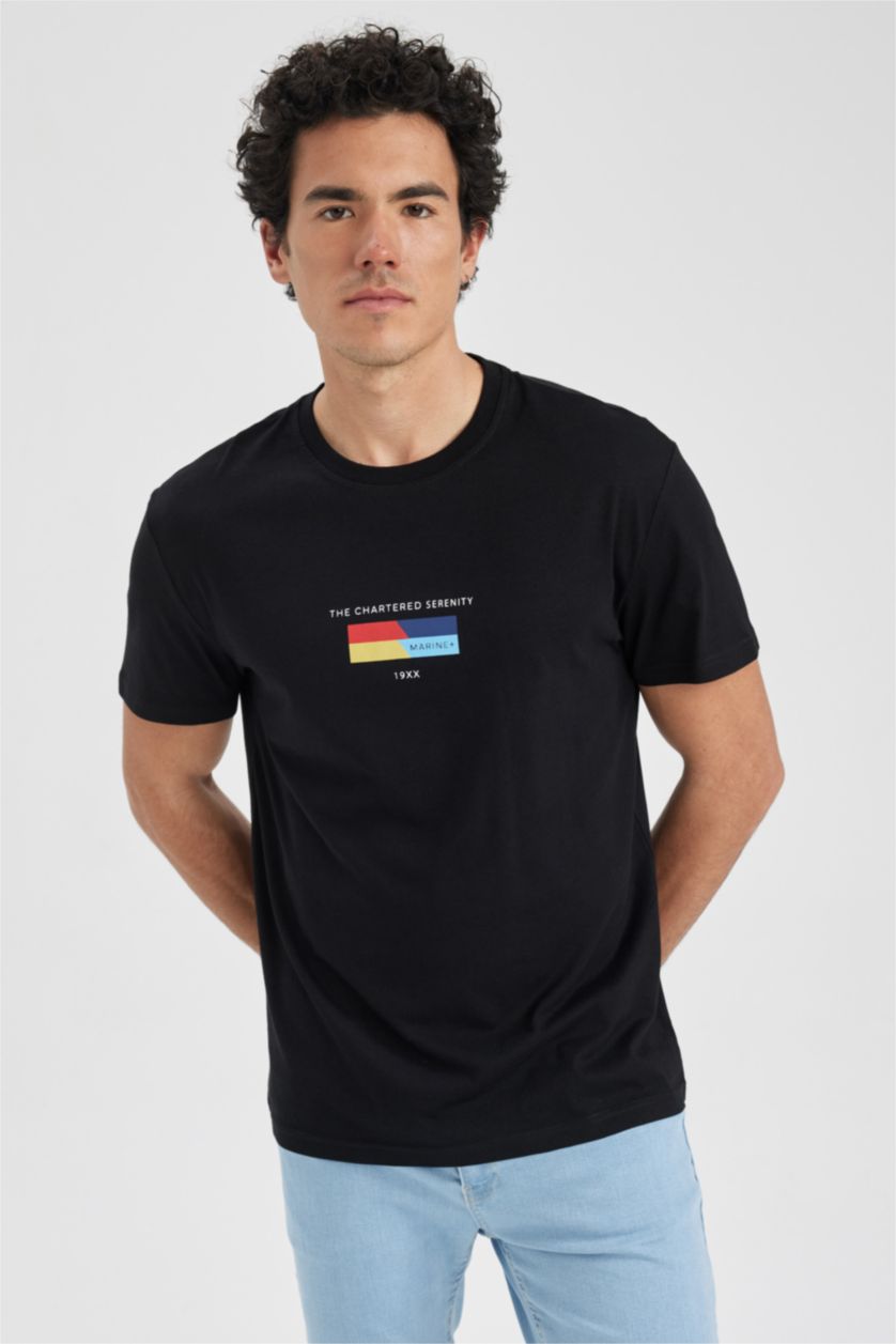 Мужчины Черный Футболка стандартного кроя с круглым вырезом и принтом