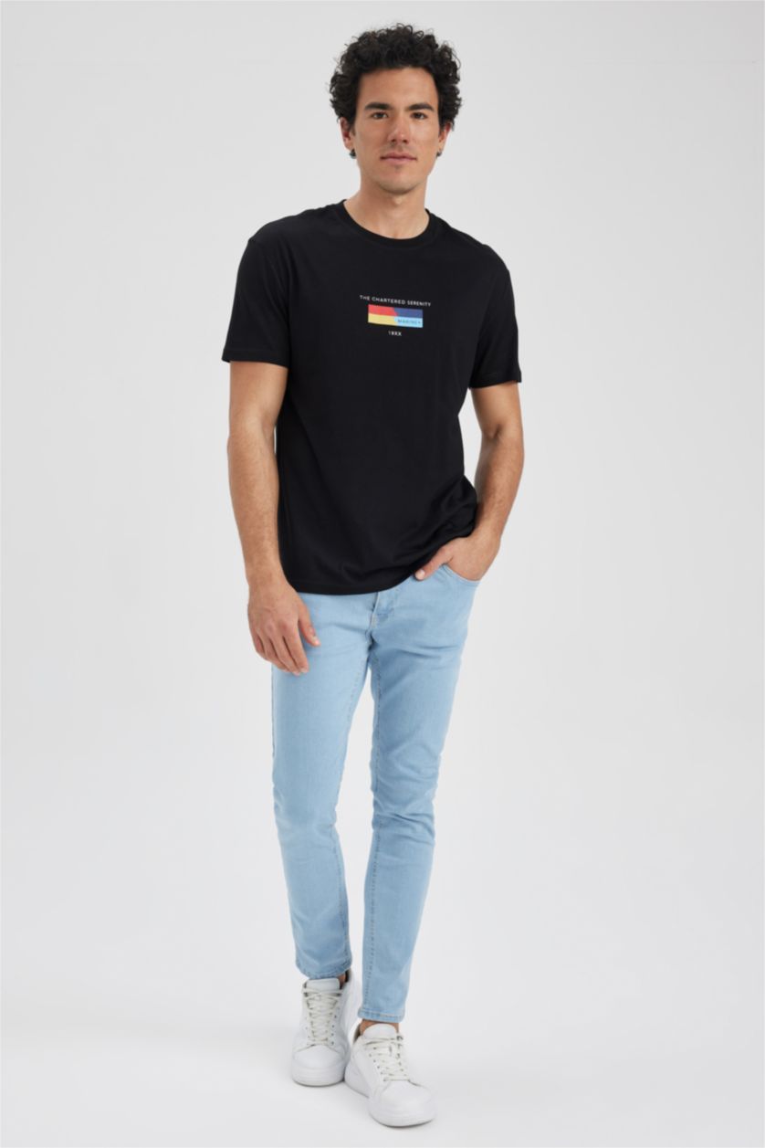 Мужчины Черный Футболка стандартного кроя с круглым вырезом и принтом