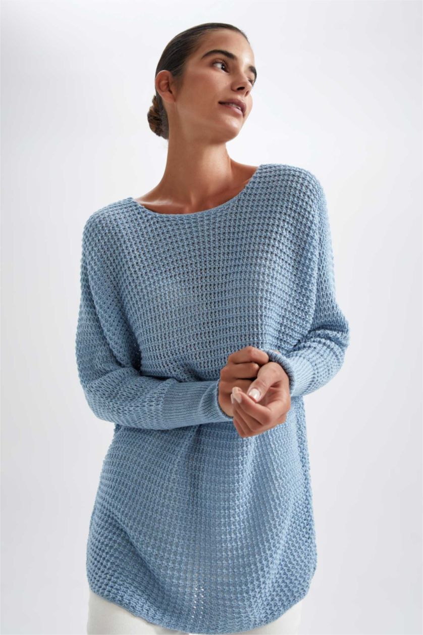 Kadın Mavi Oversıze Bisiklet Yaka Selanik Kumaş Kazak