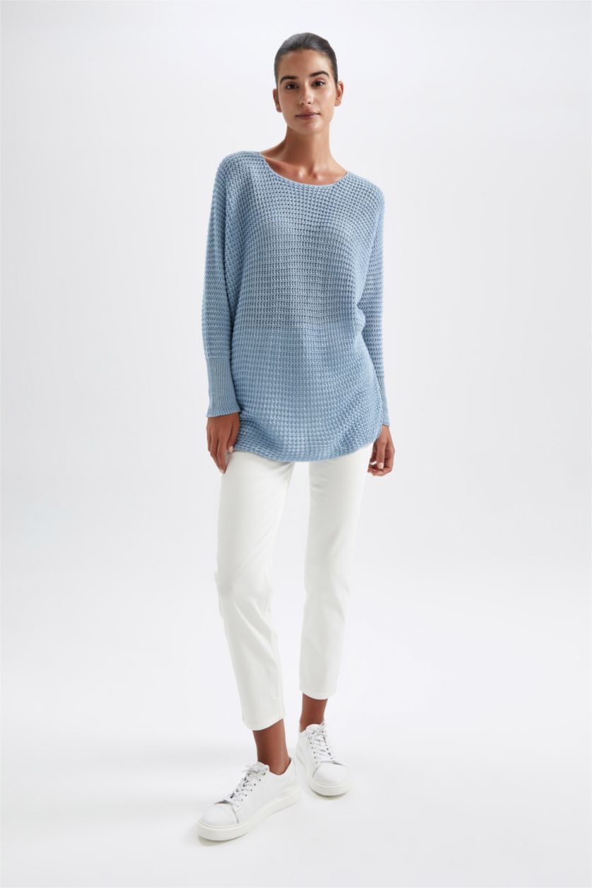 Kadın Mavi Oversıze Bisiklet Yaka Selanik Kumaş Kazak