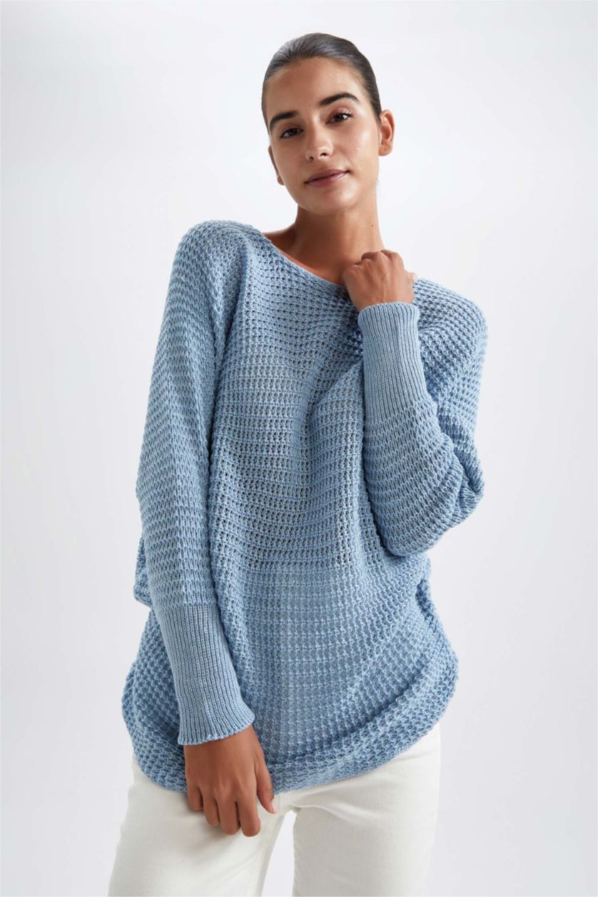 Kadın Mavi Oversıze Bisiklet Yaka Selanik Kumaş Kazak