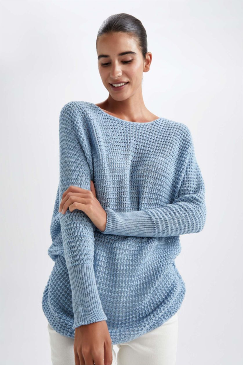 Kadın Mavi Oversıze Bisiklet Yaka Selanik Kumaş Kazak