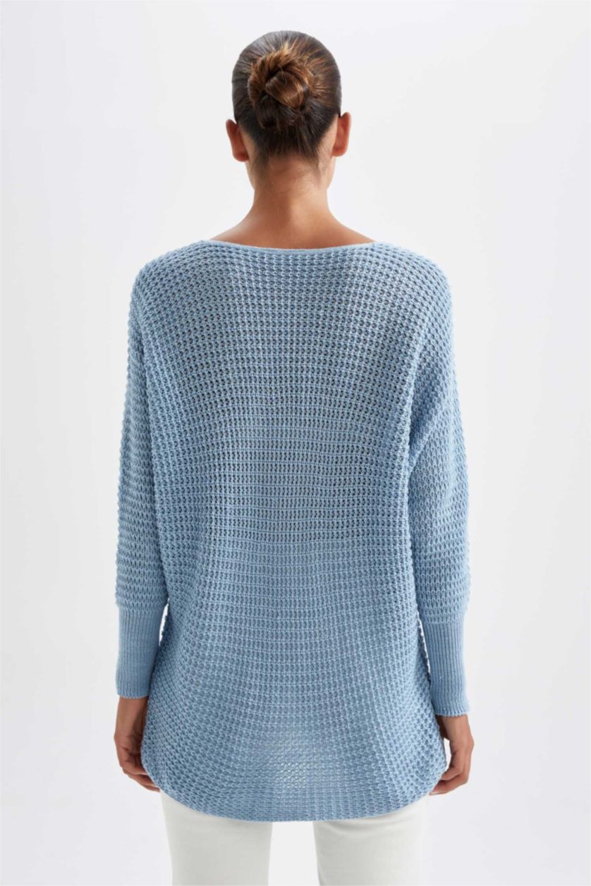 Kadın Mavi Oversıze Bisiklet Yaka Selanik Kumaş Kazak