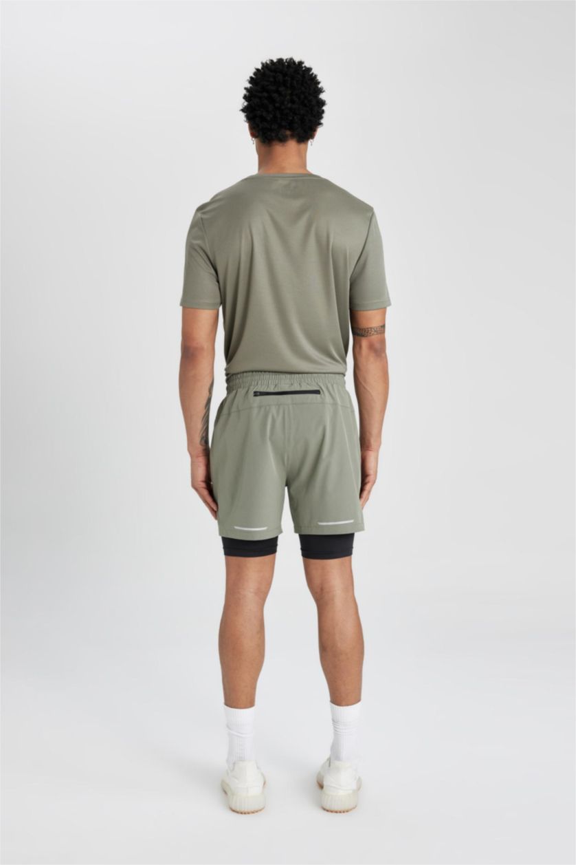 Erkek Haki DeFactoFit Slim Fit Dar Kesim Sporcu Taytlı Dokuma Şort