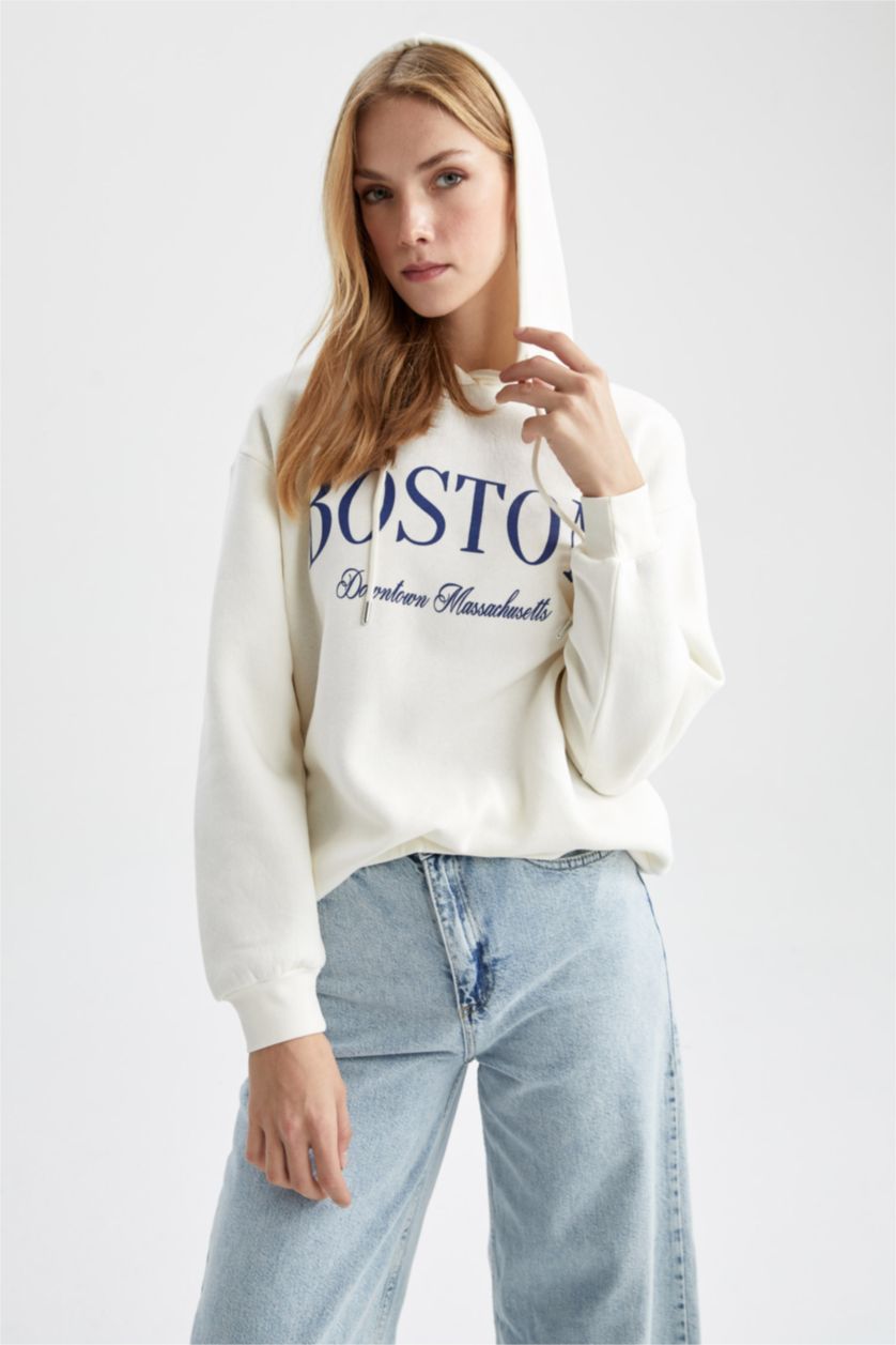 WOMAN Ecru Regular Fit Slogan Sweatshirt