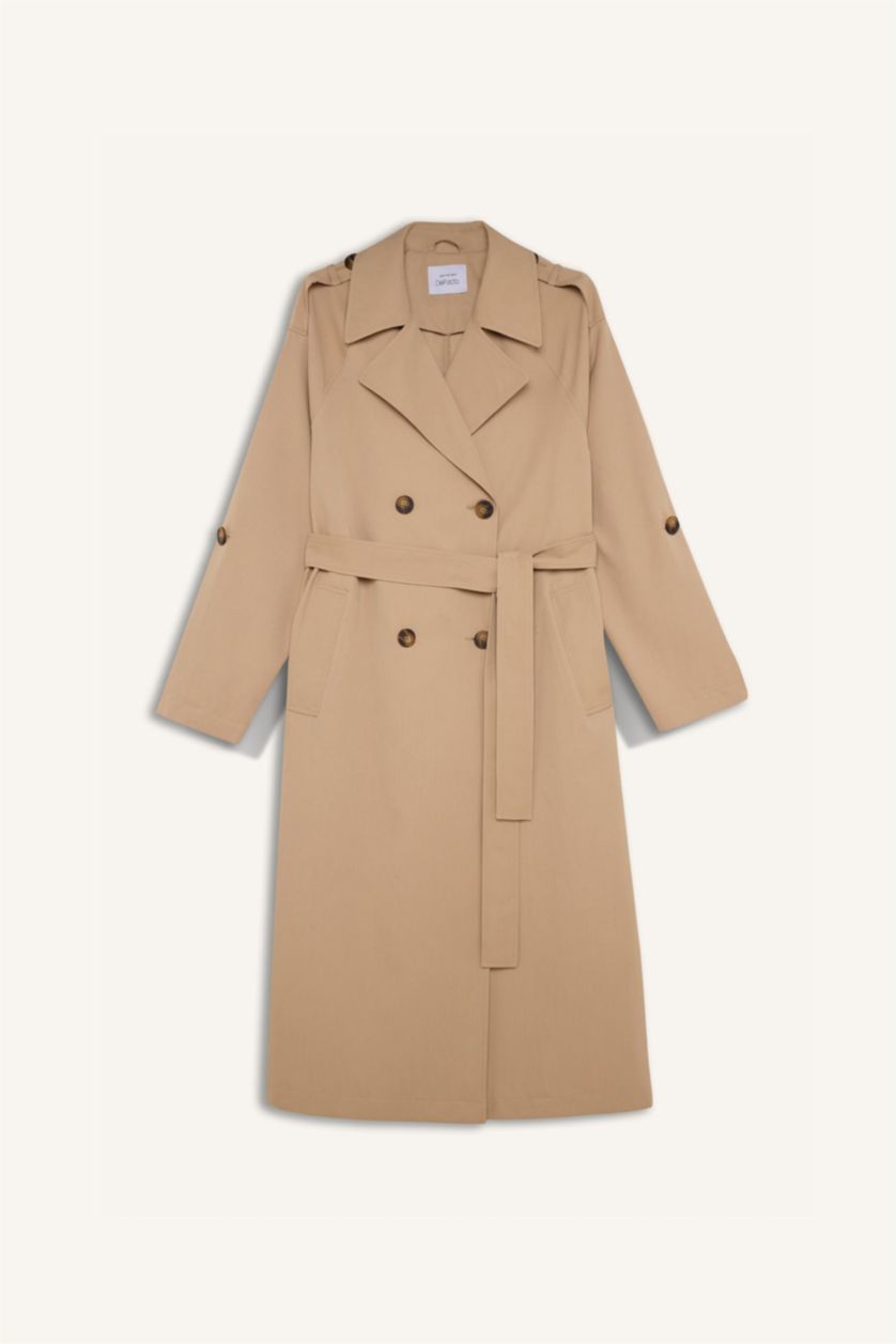 Kadın Camel 	Su İtici Oversize Geniş Kalıp Uzun Trençkot Kruvaze Yaka Düğmeli Cepli Kol Ucu Katlamalı Rüzgarlık Detaylı Mevsimlik