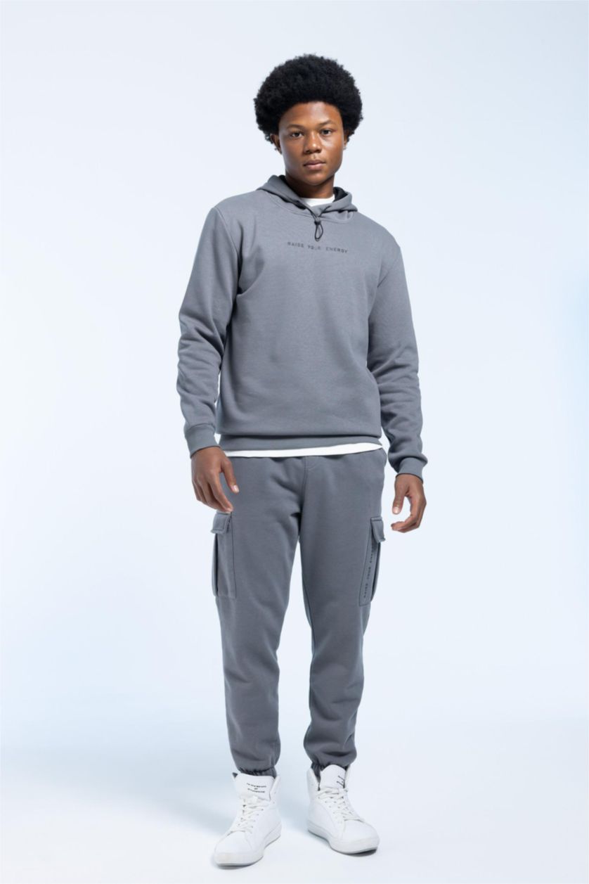 Man Grey DeFactoFit Standard Fit Hooded Printed Sweatshirt