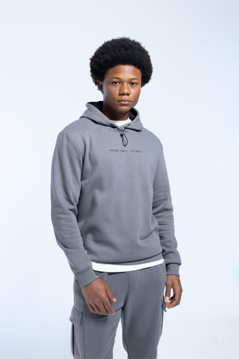 Man Grey DeFactoFit Standard Fit Hooded Printed Sweatshirt