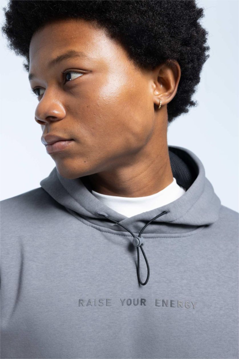 Man Grey DeFactoFit Standard Fit Hooded Printed Sweatshirt