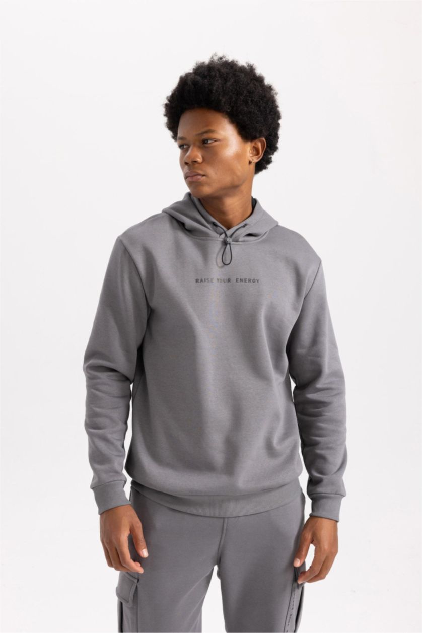 Man Grey DeFactoFit Standard Fit Hooded Printed Sweatshirt