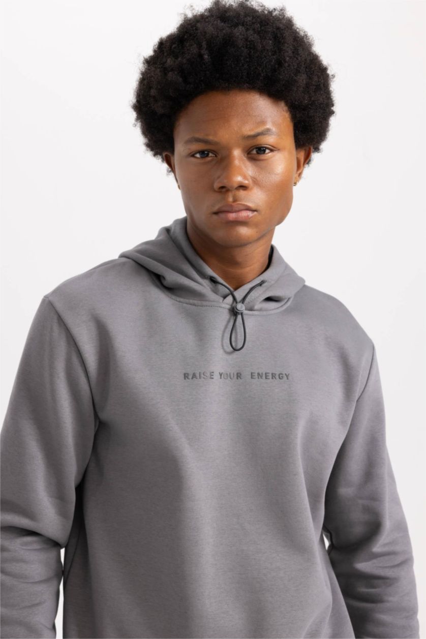 Man Grey DeFactoFit Standard Fit Hooded Printed Sweatshirt