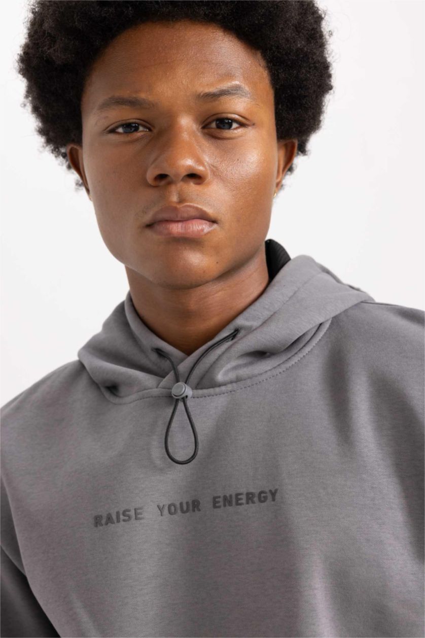 Man Grey DeFactoFit Standard Fit Hooded Printed Sweatshirt