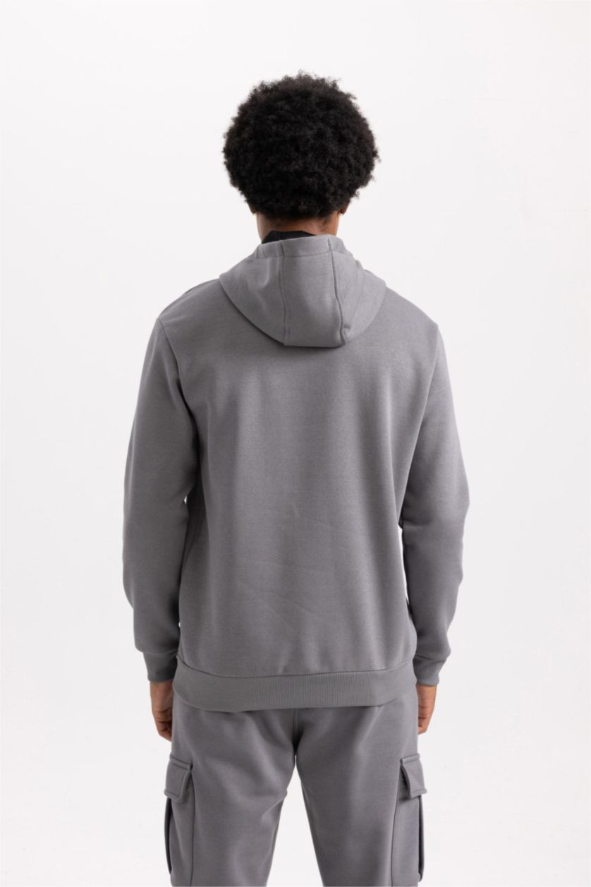 Man Grey DeFactoFit Standard Fit Hooded Printed Sweatshirt