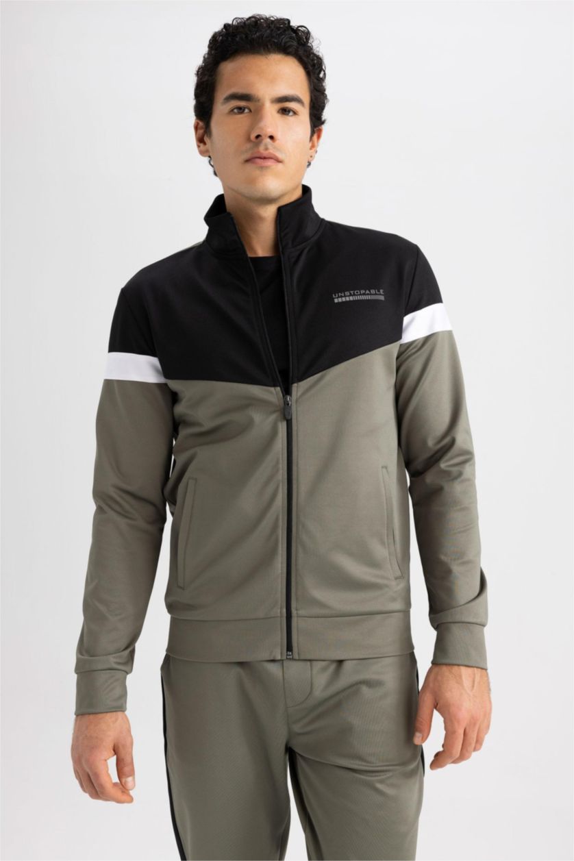 Erkek Açık Haki DeFactoFit Slim Fit Skuba Dalgıç Kumaş Fermuarlı Sweatshirt