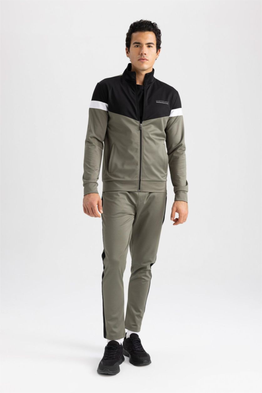 Erkek Açık Haki DeFactoFit Slim Fit Skuba Dalgıç Kumaş Fermuarlı Sweatshirt