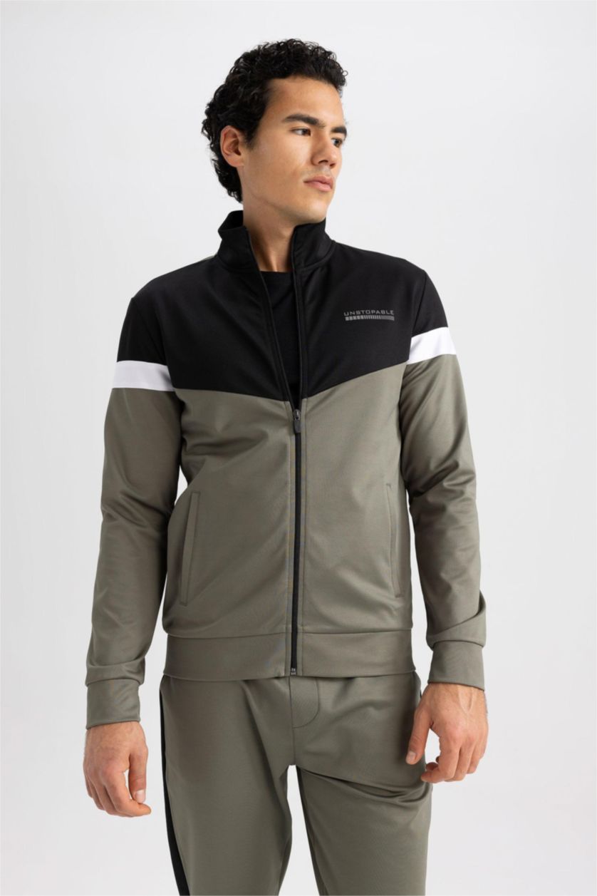 Erkek Açık Haki DeFactoFit Slim Fit Skuba Dalgıç Kumaş Fermuarlı Sweatshirt