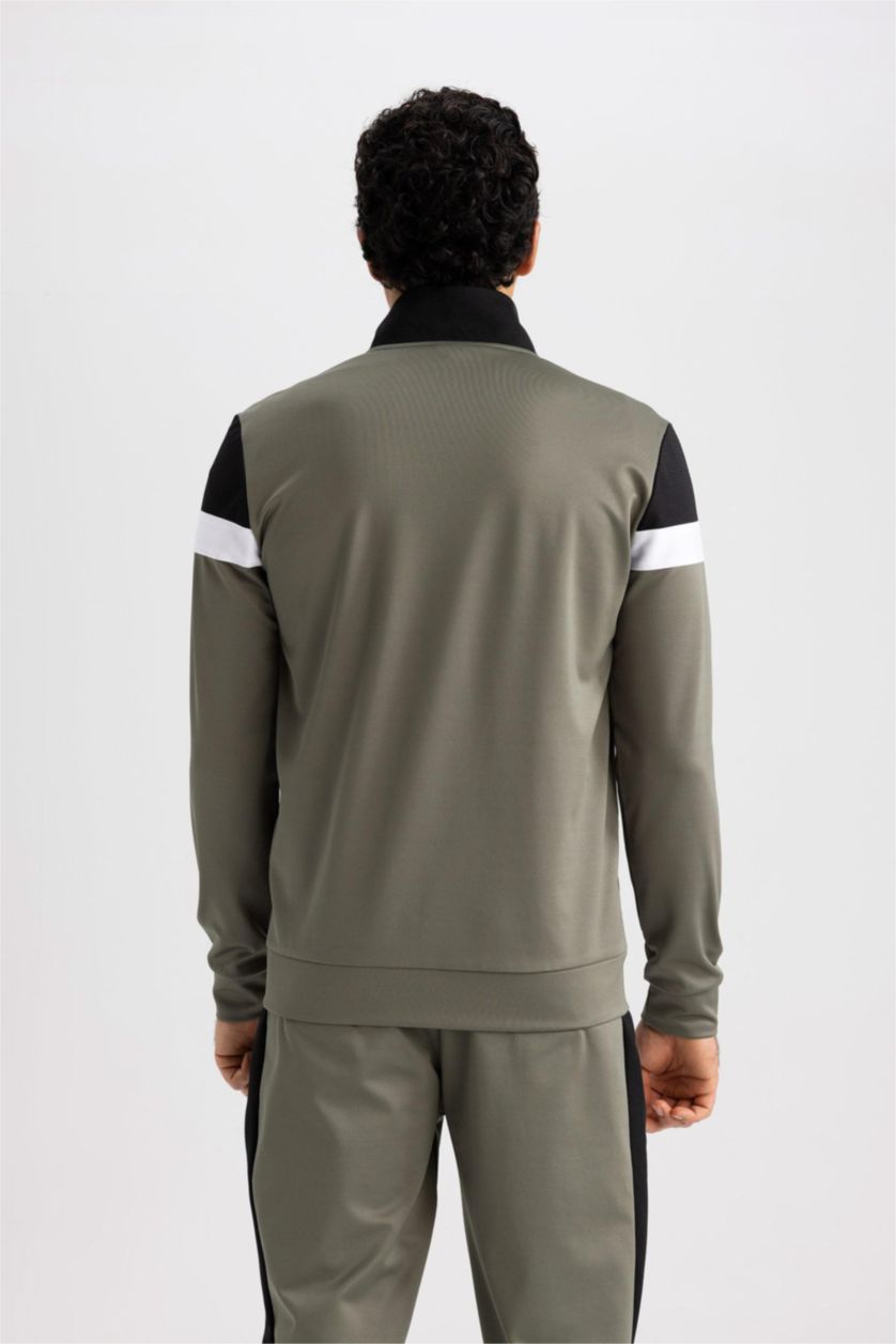 Erkek Açık Haki DeFactoFit Slim Fit Skuba Dalgıç Kumaş Fermuarlı Sweatshirt