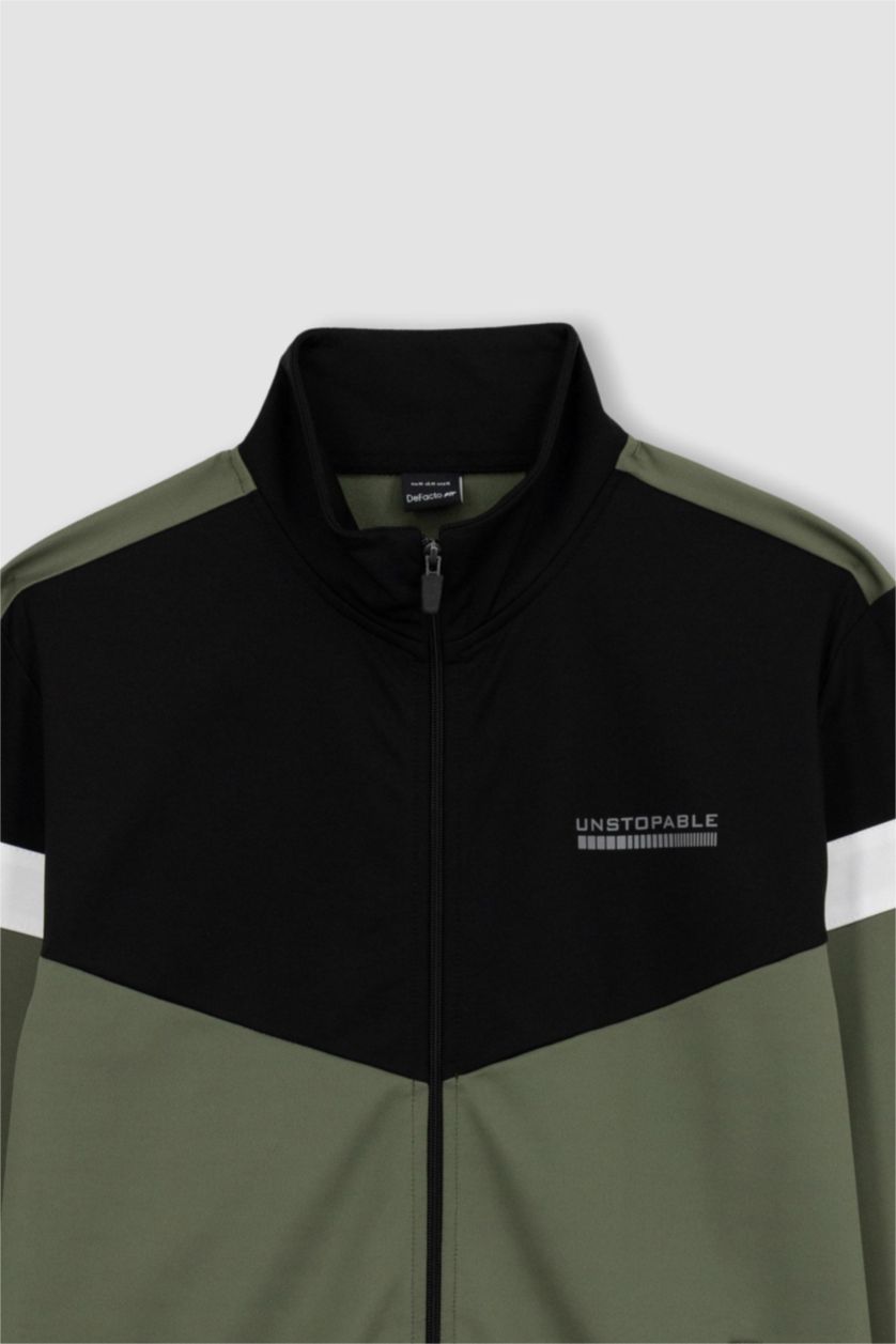 Erkek Açık Haki DeFactoFit Slim Fit Skuba Dalgıç Kumaş Fermuarlı Sweatshirt