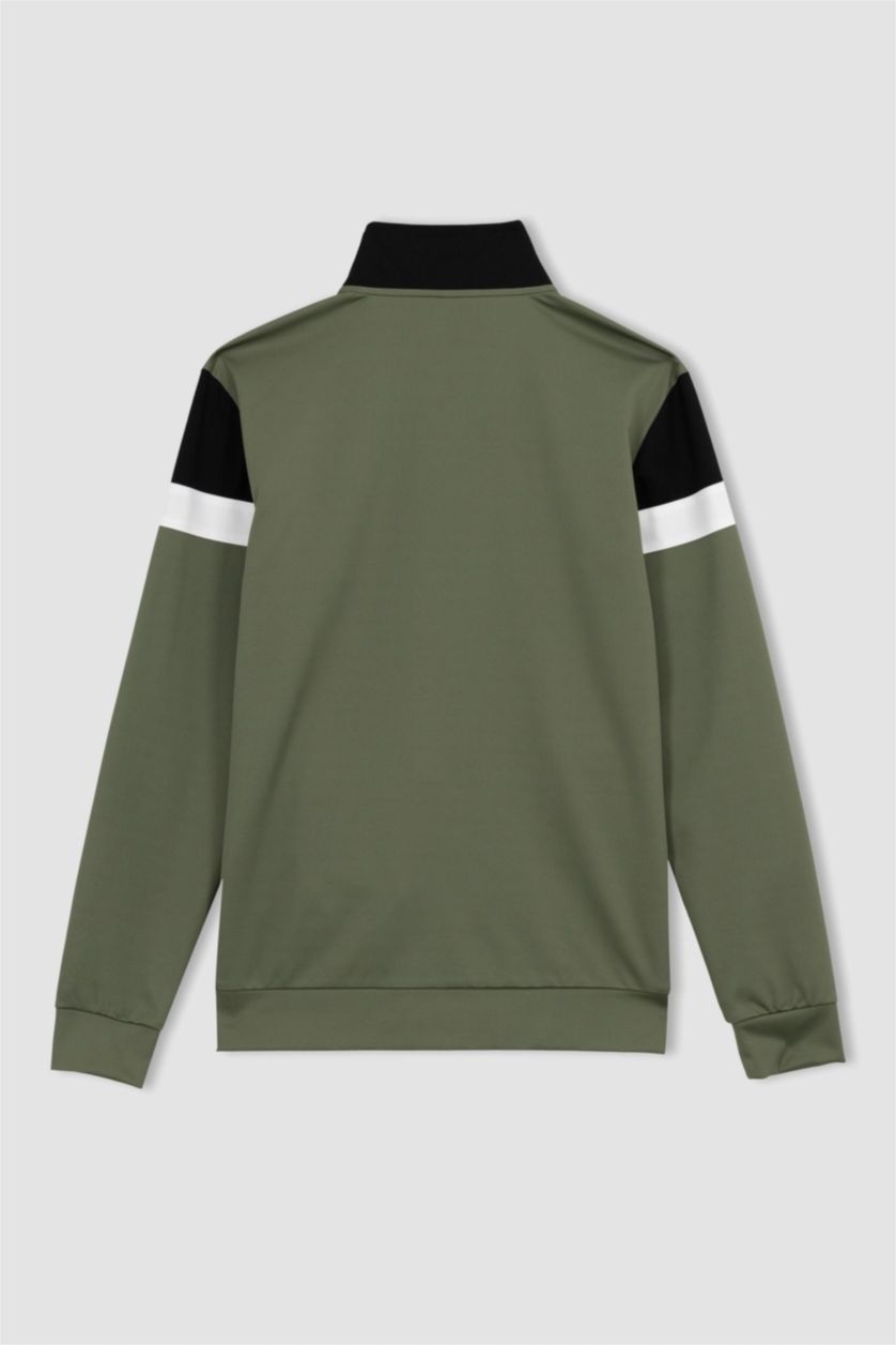 Erkek Açık Haki DeFactoFit Slim Fit Skuba Dalgıç Kumaş Fermuarlı Sweatshirt