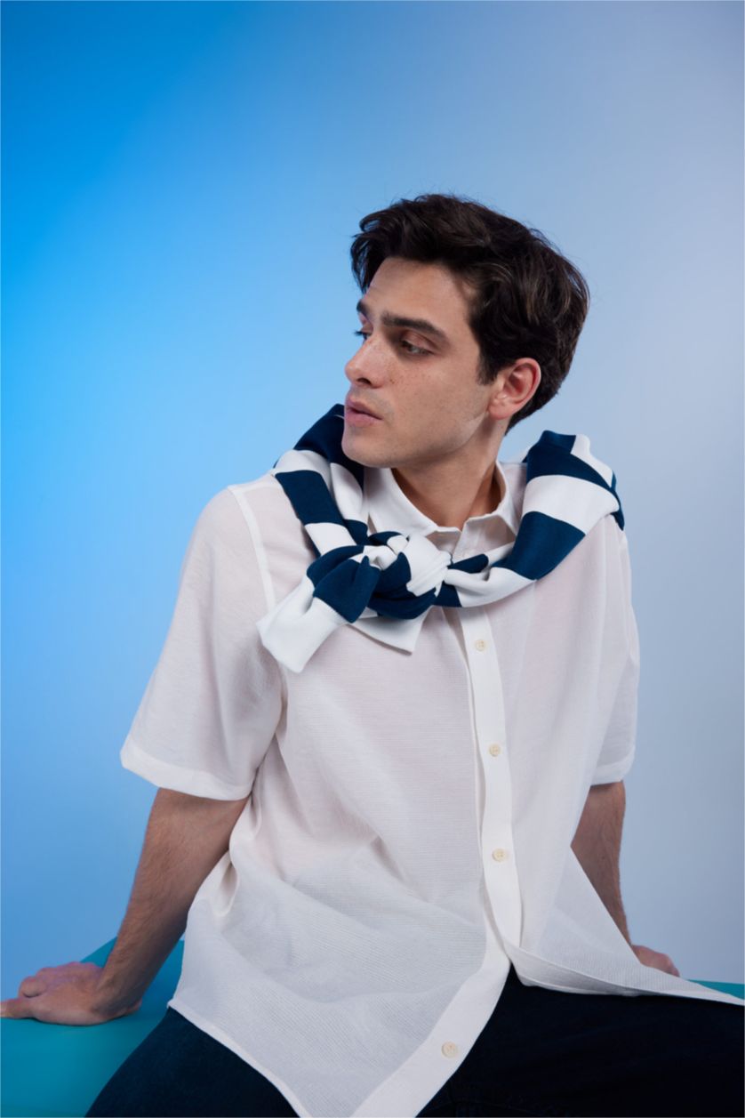 MAN Ecru Relax Fit Viscose Short Sleeve Shirt