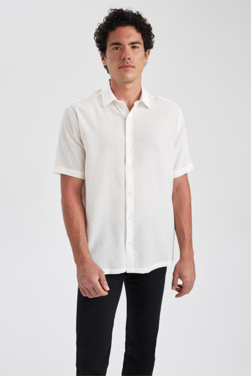 MAN Ecru Relax Fit Viscose Short Sleeve Shirt