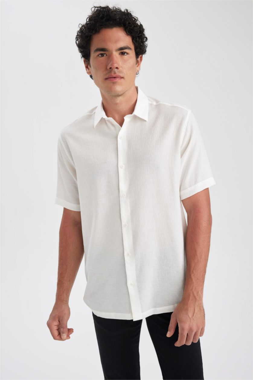 MAN Ecru Relax Fit Viscose Short Sleeve Shirt