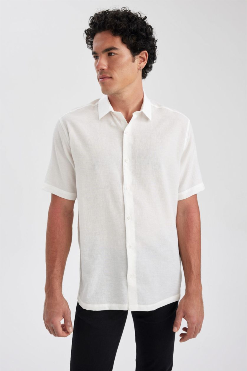 MAN Ecru Relax Fit Viscose Short Sleeve Shirt