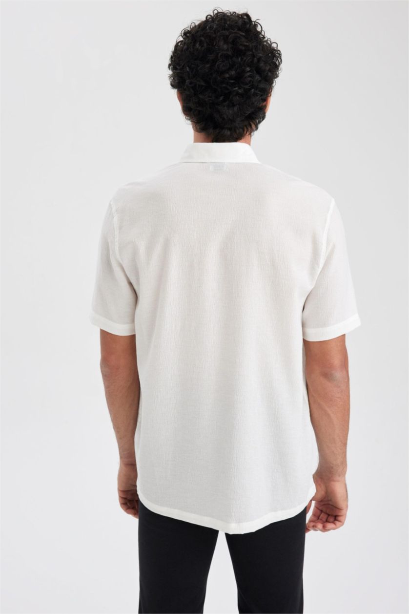 MAN Ecru Relax Fit Viscose Short Sleeve Shirt