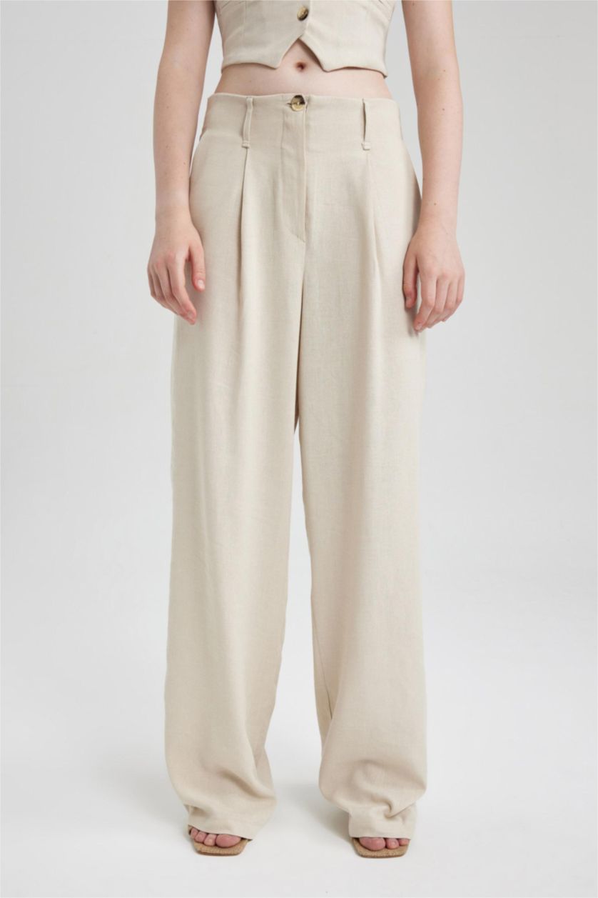 FEMME Beige Pantalon Lin Mélangé Jambes larges