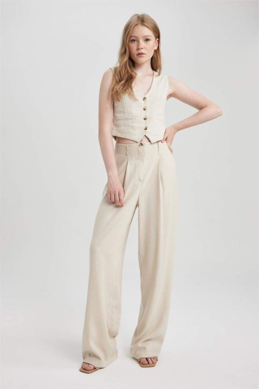 FEMME Beige Pantalon Lin Mélangé Jambes larges