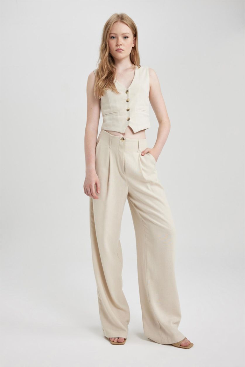 FEMME Beige Pantalon Lin Mélangé Jambes larges