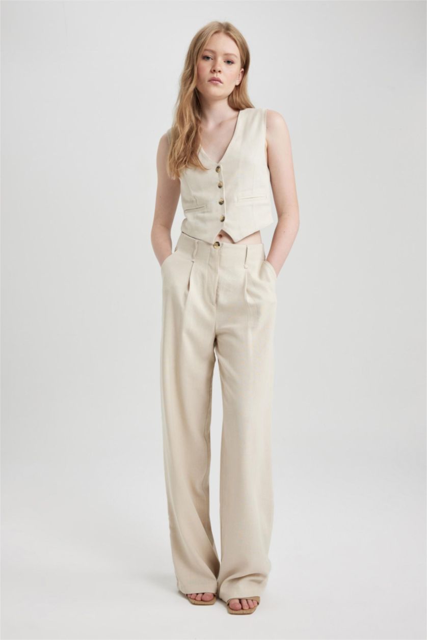 FEMME Beige Pantalon Lin Mélangé Jambes larges