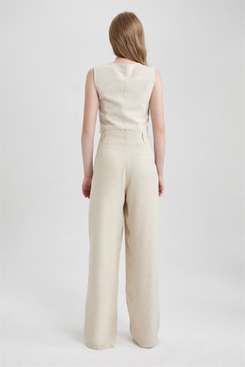 FEMME Beige Pantalon Lin Mélangé Jambes larges